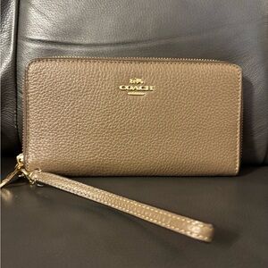 Coach Brown Leather Wristlet with Gold Accents